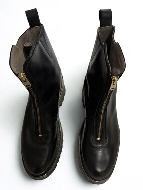 All Saints Black Leather Ankle Boots with Gold Zippers